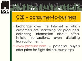 Exchange over the Internet in which customers are searching for producers, collecting information about offers, initiate transactions, even dictating transaction terms  www.priceline.com  –  potential buyers offer price for flight tickets, tourist trips 