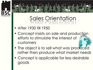 After  1930  till  1950 Concept insists on sale and production efforts to stimulate the interest of customers The object is to sell what was produced rather then produce what market needs Concept is applicable for less desirable goods 
