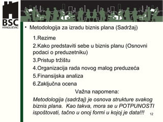 Metodologija za izradu biznis plana   (Sadržaj) Rezime  Kako predstaviti sebe u biznis planu (Osnovni podaci o preduzetniku) Pristup tržištu Organizacija rada novog malog preduzeća Finansijska analiza Zaključna ocena Važna napomena: Metodologija (sadržaj) je osnova strukture svakog biznis plana.  Kao takva, mora se u POTPUNOSTI ispoštovati, tačno u onoj formi u kojoj je data!!! 