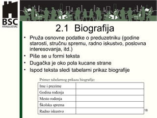 2.1  Biografija  Pruža osnovne podatke o preduzetniku (godine starosti, stručnu spremu, radno iskustvo, poslovna interesovanja, itd.) Piše se u formi teksta  Dugačka je oko pola kucane strane Ispod teksta sledi tabelarni prikaz biografije Primer tabelarnog prikaza biografije: Ime i prezime Godina rođenja Mesto rođenja Školska sprema Radno iskustvo 