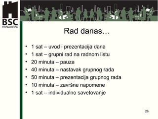 Rad danas… 1 sat – uvod i prezentacija dana 1 sat – grupni rad na radnom listu 20 minuta – pauza 40 minuta – nastavak grupnog rada 50 minuta – prezentacija grupnog rada 10 minuta – završne napomene 1 sat – individualno savetovanje 