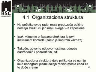 4.1  Organizaciona struktura Na početku svog rada, mala preduzeća obično nemaju strukturu jer imaju svega 2-3 zaposlena. Ipak, vizuelno prikazana struktura je prvi instrument kontrole (zašto je kontrola važna?) Takođe, govori o odgovornostima, odnosu nadređenih i podređenih, itd. Organizaciona struktura daje priliku da se na nju lako nadogradi pisani dizajn radnih mesta kada za to dođe vreme  