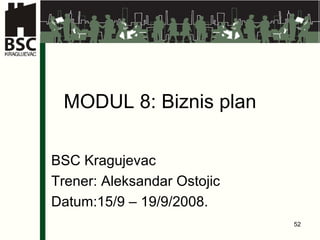 MODUL 8: Biznis plan BSC Kragujevac Trener: Aleksandar Ostojic Datum:15/9 – 19/9/2008. 