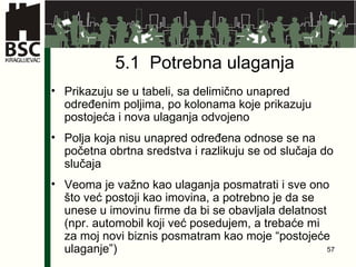 5.1  Potrebna ulaganja Prikazuju se u tabeli, sa delimično unapred određenim poljima, po kolonama koje prikazuju postojeća i nova ulaganja odvojeno Polja koja nisu unapred određena odnose se na početna obrtna sredstva i razlikuju se od slučaja do slučaja Veoma je važno kao ulaganja posmatrati i sve ono što već postoji kao imovina, a potrebno je da se unese u imovinu firme da bi se obavljala delatnost (npr. automobil koji već posedujem, a trebaće mi za moj novi biznis posmatram kao moje “postojeće ulaganje”) 