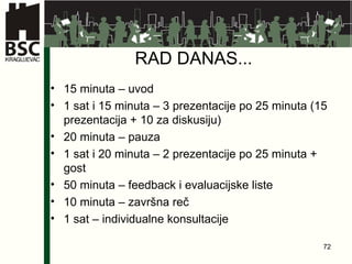 RAD DANAS... 1 5  minuta – uvod 1 sat i 1 5 minuta –  3  pre zentacije po 25 minuta (15 prezentacija + 10 za diskusiju) 20 minuta – pauza 1 sat i 20 minuta – 2 prezentacije po 25 minuta + gost 50 minuta – feedback i evaluacijske liste 10 minuta – završna reč 1 sat – individualne konsultacije 