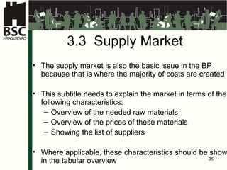3.3  Supply Market The supply market is also the basic issue in the BP because that is where the majority of costs are created  This subtitle needs to explain the market in terms of the following characteristics : Overview of the needed raw materials Overview of the prices of these materials Showing the list of suppliers Where applicable, these characteristics should be shown in the tabular overview 