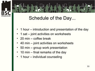 Schedule of the Day ... 1  hour  –  introduction and presentation of the day 1 sat –  joint activities on worksheets 20 min –  coffee break 40 min –  joint activities on worksheets 50 min – gr o up  work presentation 10 min –  final remarks of the day 1  hour  – indiv idual counseling 