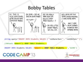 Bobby Tables

string query="INSERT INTO Students VALUES ('"+txtName.Text+"','"+txtSSN.Text+"')";
//Attack: Robert’); DROP TABLE Students;-INSERT INTO Students VALUES ('Robert'); DROP TABLE Students;-Students;--','12345')
Robert');

 