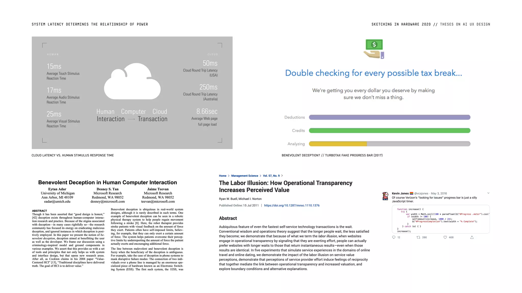 SKETCHING IN HARDWARE 2020 // THESES ON AI UX DESIGNSYSTEM LATENCY DETERMINES THE RELATIONSHIP OF POWER
CLOUD LATENCY VS. HUMAN STIMULUS RESPONSE TIME BENEVOLENT DECEPTION? // TURBOTAX FAKE PROGRESS BAR (2017)
 