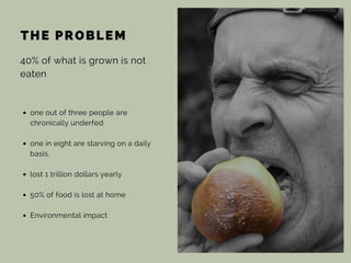 THE PROBLEM
40% of what is grown is not
eaten
one out of three people are
chronically underfed
one in eight are starving o...