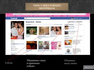 УНОС СЛИКА И ВИДЕО
                 МАТЕРИЈАЛА




         Убацивање слика           Убацивање
Албуми   и прављење                видео записа
         албума
 