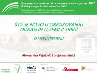http://pro.acs.si/gm2017
ŠTA JE NOVO U OBRAZOVANJU
ODRASLIH U ZEMLJI SRBIJI
- O MEĐUVREMENU -
Aleksandra Pejatović i brojni saradnici
…
Your institution
logo
…
 