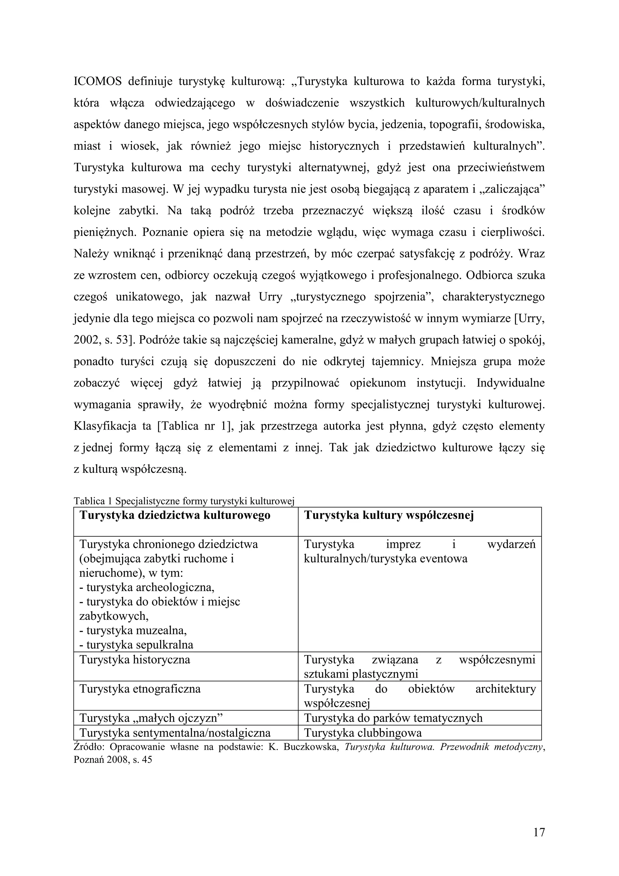 ICOMOS definiuje turystykę kulturową: „Turystyka kulturowa to każda forma turystyki,
która włącza odwiedzającego w doświadczenie wszystkich kulturowych/kulturalnych
aspektów danego miejsca, jego współczesnych stylów bycia, jedzenia, topografii, środowiska,
miast i wiosek, jak również jego miejsc historycznych i przedstawień kulturalnych”.
Turystyka kulturowa ma cechy turystyki alternatywnej, gdyż jest ona przeciwieństwem
turystyki masowej. W jej wypadku turysta nie jest osobą biegającą z aparatem i „zaliczająca”
kolejne zabytki. Na taką podróż trzeba przeznaczyć większą ilość czasu i środków
pieniężnych. Poznanie opiera się na metodzie wglądu, więc wymaga czasu i cierpliwości.
Należy wniknąć i przeniknąć daną przestrzeń, by móc czerpać satysfakcję z podróży. Wraz
ze wzrostem cen, odbiorcy oczekują czegoś wyjątkowego i profesjonalnego. Odbiorca szuka
czegoś unikatowego, jak nazwał Urry „turystycznego spojrzenia”, charakterystycznego
jedynie dla tego miejsca co pozwoli nam spojrzeć na rzeczywistość w innym wymiarze [Urry,
2002, s. 53]. Podróże takie są najczęściej kameralne, gdyż w małych grupach łatwiej o spokój,
ponadto turyści czują się dopuszczeni do nie odkrytej tajemnicy. Mniejsza grupa może
zobaczyć więcej gdyż łatwiej ją przypilnować opiekunom instytucji. Indywidualne
wymagania sprawiły, że wyodrębnić można formy specjalistycznej turystyki kulturowej.
Klasyfikacja ta [Tablica nr 1], jak przestrzega autorka jest płynna, gdyż często elementy
z jednej formy łączą się z elementami z innej. Tak jak dziedzictwo kulturowe łączy się
z kulturą współczesną.

Tablica 1 Specjalistyczne formy turystyki kulturowej
 Turystyka dziedzictwa kulturowego                     Turystyka kultury współczesnej

 Turystyka chronionego dziedzictwa                     Turystyka       imprez       i    wydarzeń
 (obejmująca zabytki ruchome i                         kulturalnych/turystyka eventowa
 nieruchome), w tym:
 - turystyka archeologiczna,
 - turystyka do obiektów i miejsc
 zabytkowych,
 - turystyka muzealna,
 - turystyka sepulkralna
 Turystyka historyczna                                 Turystyka związana z współczesnymi
                                                       sztukami plastycznymi
 Turystyka etnograficzna                               Turystyka     do   obiektów    architektury
                                                       współczesnej
 Turystyka „małych ojczyzn”                            Turystyka do parków tematycznych
 Turystyka sentymentalna/nostalgiczna                  Turystyka clubbingowa
Źródło: Opracowanie własne na podstawie: K. Buczkowska, Turystyka kulturowa. Przewodnik metodyczny,
Poznań 2008, s. 45




                                                                                                 17
 