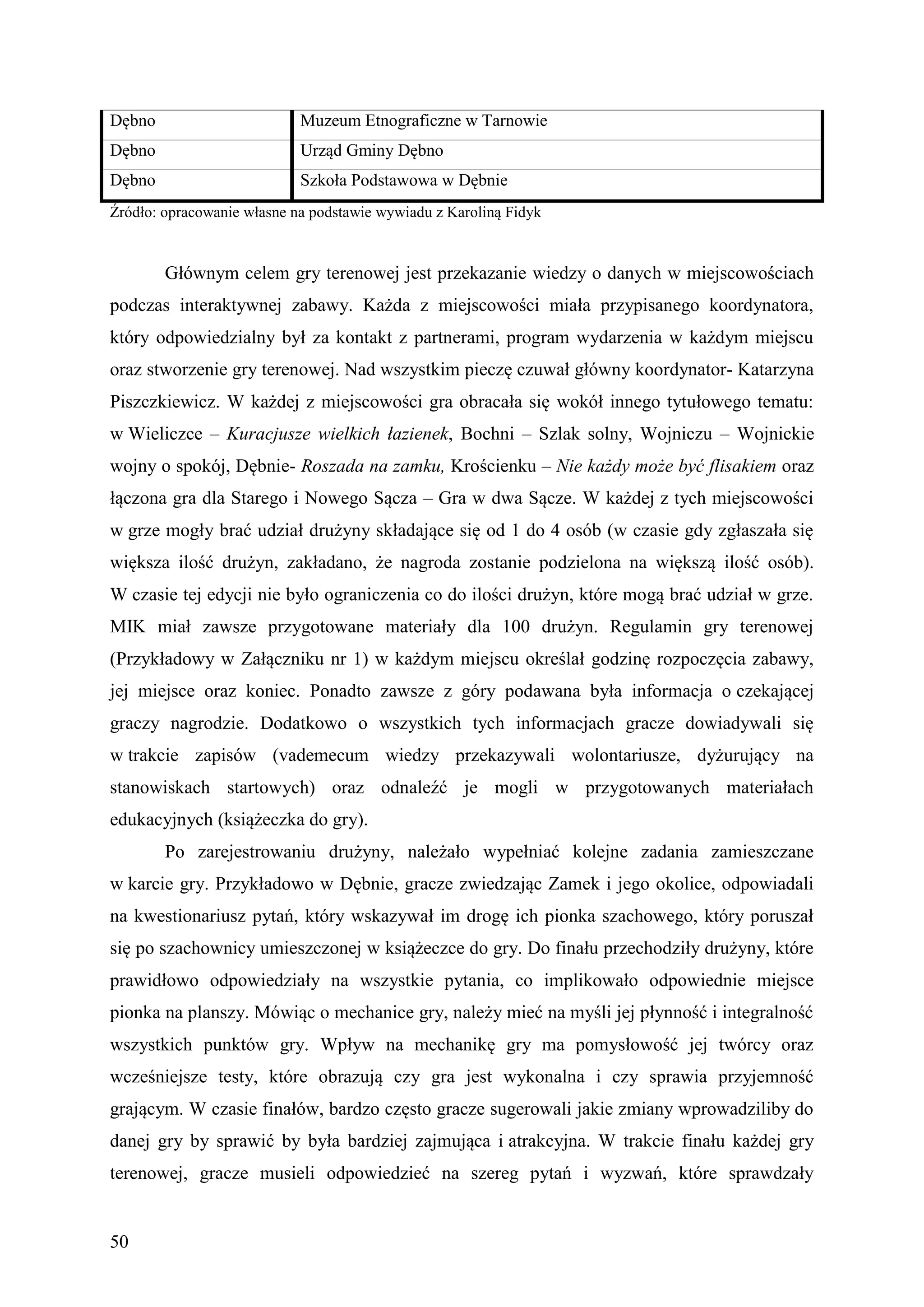 Dębno                       Muzeum Etnograficzne w Tarnowie
Dębno                       Urząd Gminy Dębno
Dębno                       Szkoła Podstawowa w Dębnie
Źródło: opracowanie własne na podstawie wywiadu z Karoliną Fidyk



        Głównym celem gry terenowej jest przekazanie wiedzy o danych w miejscowościach
podczas interaktywnej zabawy. Każda z miejscowości miała przypisanego koordynatora,
który odpowiedzialny był za kontakt z partnerami, program wydarzenia w każdym miejscu
oraz stworzenie gry terenowej. Nad wszystkim pieczę czuwał główny koordynator- Katarzyna
Piszczkiewicz. W każdej z miejscowości gra obracała się wokół innego tytułowego tematu:
w Wieliczce – Kuracjusze wielkich łazienek, Bochni – Szlak solny, Wojniczu – Wojnickie
wojny o spokój, Dębnie- Roszada na zamku, Krościenku – Nie każdy może być flisakiem oraz
łączona gra dla Starego i Nowego Sącza – Gra w dwa Sącze. W każdej z tych miejscowości
w grze mogły brać udział drużyny składające się od 1 do 4 osób (w czasie gdy zgłaszała się
większa ilość drużyn, zakładano, że nagroda zostanie podzielona na większą ilość osób).
W czasie tej edycji nie było ograniczenia co do ilości drużyn, które mogą brać udział w grze.
MIK miał zawsze przygotowane materiały dla 100 drużyn. Regulamin gry terenowej
(Przykładowy w Załączniku nr 1) w każdym miejscu określał godzinę rozpoczęcia zabawy,
jej miejsce oraz koniec. Ponadto zawsze z góry podawana była informacja o czekającej
graczy nagrodzie. Dodatkowo o wszystkich tych informacjach gracze dowiadywali się
w trakcie zapisów (vademecum wiedzy przekazywali wolontariusze, dyżurujący na
stanowiskach startowych) oraz odnaleźć je mogli w przygotowanych materiałach
edukacyjnych (książeczka do gry).
        Po zarejestrowaniu drużyny, należało wypełniać kolejne zadania zamieszczane
w karcie gry. Przykładowo w Dębnie, gracze zwiedzając Zamek i jego okolice, odpowiadali
na kwestionariusz pytań, który wskazywał im drogę ich pionka szachowego, który poruszał
się po szachownicy umieszczonej w książeczce do gry. Do finału przechodziły drużyny, które
prawidłowo odpowiedziały na wszystkie pytania, co implikowało odpowiednie miejsce
pionka na planszy. Mówiąc o mechanice gry, należy mieć na myśli jej płynność i integralność
wszystkich punktów gry. Wpływ na mechanikę gry ma pomysłowość jej twórcy oraz
wcześniejsze testy, które obrazują czy gra jest wykonalna i czy sprawia przyjemność
grającym. W czasie finałów, bardzo często gracze sugerowali jakie zmiany wprowadziliby do
danej gry by sprawić by była bardziej zajmująca i atrakcyjna. W trakcie finału każdej gry
terenowej, gracze musieli odpowiedzieć na szereg pytań i wyzwań, które sprawdzały


50
 