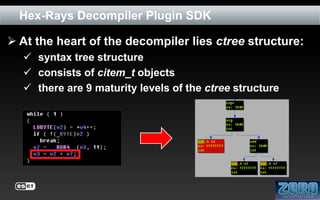 Hex-Rays Decompiler Plugin SDK
 At the heart of the decompiler lies ctree structure:
 syntax tree structure
 consists of citem_t objects
 there are 9 maturity levels of the ctree structure

 