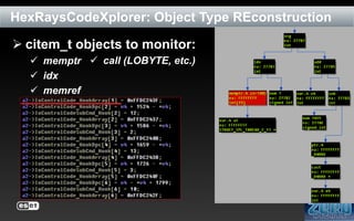 HexRaysCodeXplorer: Object Type REconstruction
 citem_t objects to monitor:
 memptr  call (LOBYTE, etc.)
 idx
 memref

 
