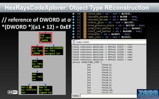 HexRaysCodeXplorer: Object Type REconstruction
// reference of DWORD at offset 12 in buffer a1
*(DWORD *)(a1 + 12) = 0xEFCDAB89;

 