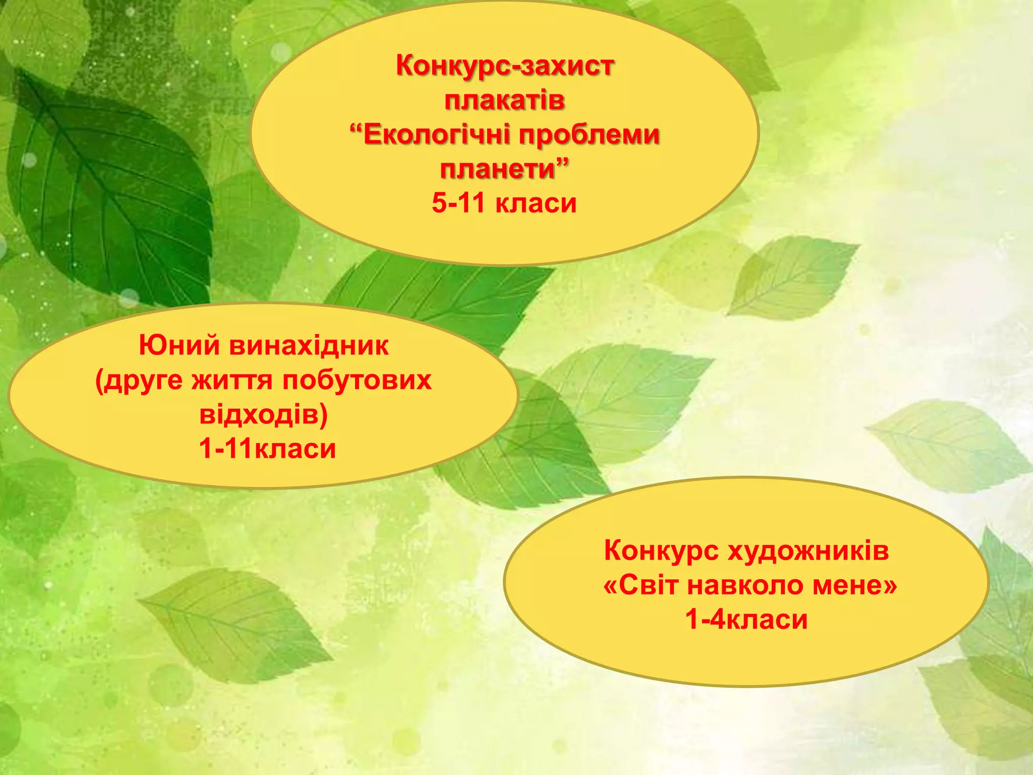Конкурс-захист
плакатів
“Екологічні проблеми
планети”
5-11 класи
Юний винахідник
(друге життя побутових
відходів)
1-11класи
Конкурс художників
«Світ навколо мене»
1-4класи
 