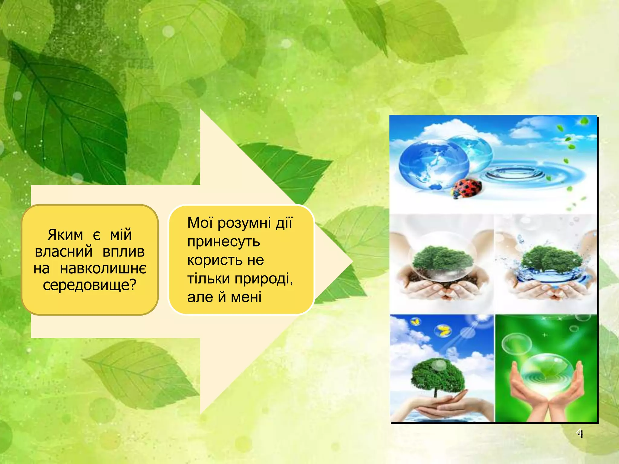 4
Яким є мій
власний вплив
на навколишнє
середовище?
Мої розумні дії
принесуть
користь не
тільки природі,
але й мені
 