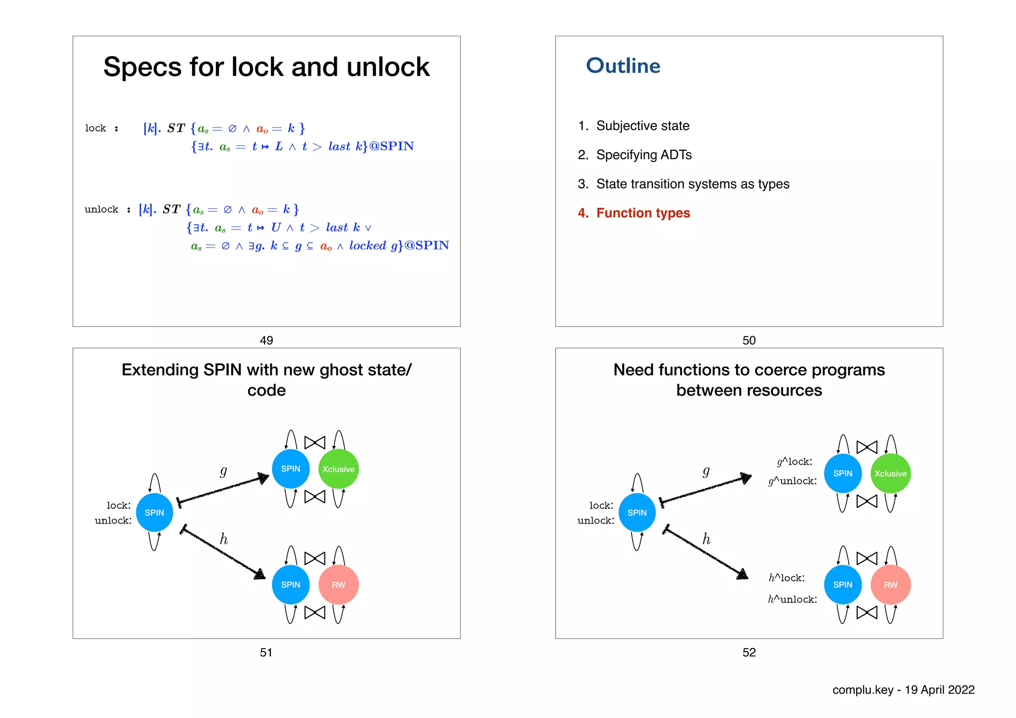 Specs for lock and unlock
[k]. ST {as = ∅ ⋀ ao = k }


{∃t. as = t ↦ L ⋀ t > last k}@SPIN
lock :
[k]. ST {as = ∅ ⋀ ao = k }


{∃t. as = t ↦ U ⋀ t > last k ∨


as = ∅ ⋀ ∃g. k ⊆ g ⊆ ao ∧ locked g}@SPIN
unlock :
49
1. Subjective state
2. Specifying ADTs
3. State transition systems as types
4. Function types
Outline
50
Extending SPIN with new ghost state/
code
SPIN
Xclusive
./
<latexit sha1_base64="+oyDRQgndKL7ns1RU8PIBBY0fjY=">AAAB7nicbVDLSgNBEJyNrxhfUY9eBoPgKeyKoMegF48RzAOSJcxOOsmQ2ZllplcJSz7CiwdFvPo93vwbJ8keNLGgoajqprsrSqSw6PvfXmFtfWNzq7hd2tnd2z8oHx41rU4NhwbXUpt2xCxIoaCBAiW0EwMsjiS0ovHtzG89grFCqwecJBDGbKjEQHCGTmp1I/2EAnrlil/156CrJMhJheSo98pf3b7maQwKuWTWdgI/wTBjBgWXMC11UwsJ42M2hI6jisVgw2x+7pSeOaVPB9q4Ukjn6u+JjMXWTuLIdcYMR3bZm4n/eZ0UB9dhJlSSIii+WDRIJUVNZ7/TvjDAUU4cYdwIdyvlI2YYR5dQyYUQLL+8SpoX1cCvBveXldpNHkeRnJBTck4CckVq5I7USYNwMibP5JW8eYn34r17H4vWgpfPHJM/8D5/AHs2j6Y=</latexit>
<latexit sha1_base64="+oyDRQgndKL7ns1RU8PIBBY0fjY=">AAAB7nicbVDLSgNBEJyNrxhfUY9eBoPgKeyKoMegF48RzAOSJcxOOsmQ2ZllplcJSz7CiwdFvPo93vwbJ8keNLGgoajqprsrSqSw6PvfXmFtfWNzq7hd2tnd2z8oHx41rU4NhwbXUpt2xCxIoaCBAiW0EwMsjiS0ovHtzG89grFCqwecJBDGbKjEQHCGTmp1I/2EAnrlil/156CrJMhJheSo98pf3b7maQwKuWTWdgI/wTBjBgWXMC11UwsJ42M2hI6jisVgw2x+7pSeOaVPB9q4Ukjn6u+JjMXWTuLIdcYMR3bZm4n/eZ0UB9dhJlSSIii+WDRIJUVNZ7/TvjDAUU4cYdwIdyvlI2YYR5dQyYUQLL+8SpoX1cCvBveXldpNHkeRnJBTck4CckVq5I7USYNwMibP5JW8eYn34r17H4vWgpfPHJM/8D5/AHs2j6Y=</latexit>
<latexit sha1_base64="+oyDRQgndKL7ns1RU8PIBBY0fjY=">AAAB7nicbVDLSgNBEJyNrxhfUY9eBoPgKeyKoMegF48RzAOSJcxOOsmQ2ZllplcJSz7CiwdFvPo93vwbJ8keNLGgoajqprsrSqSw6PvfXmFtfWNzq7hd2tnd2z8oHx41rU4NhwbXUpt2xCxIoaCBAiW0EwMsjiS0ovHtzG89grFCqwecJBDGbKjEQHCGTmp1I/2EAnrlil/156CrJMhJheSo98pf3b7maQwKuWTWdgI/wTBjBgWXMC11UwsJ42M2hI6jisVgw2x+7pSeOaVPB9q4Ukjn6u+JjMXWTuLIdcYMR3bZm4n/eZ0UB9dhJlSSIii+WDRIJUVNZ7/TvjDAUU4cYdwIdyvlI2YYR5dQyYUQLL+8SpoX1cCvBveXldpNHkeRnJBTck4CckVq5I7USYNwMibP5JW8eYn34r17H4vWgpfPHJM/8D5/AHs2j6Y=</latexit>
<latexit sha1_base64="+oyDRQgndKL7ns1RU8PIBBY0fjY=">AAAB7nicbVDLSgNBEJyNrxhfUY9eBoPgKeyKoMegF48RzAOSJcxOOsmQ2ZllplcJSz7CiwdFvPo93vwbJ8keNLGgoajqprsrSqSw6PvfXmFtfWNzq7hd2tnd2z8oHx41rU4NhwbXUpt2xCxIoaCBAiW0EwMsjiS0ovHtzG89grFCqwecJBDGbKjEQHCGTmp1I/2EAnrlil/156CrJMhJheSo98pf3b7maQwKuWTWdgI/wTBjBgWXMC11UwsJ42M2hI6jisVgw2x+7pSeOaVPB9q4Ukjn6u+JjMXWTuLIdcYMR3bZm4n/eZ0UB9dhJlSSIii+WDRIJUVNZ7/TvjDAUU4cYdwIdyvlI2YYR5dQyYUQLL+8SpoX1cCvBveXldpNHkeRnJBTck4CckVq5I7USYNwMibP5JW8eYn34r17H4vWgpfPHJM/8D5/AHs2j6Y=</latexit>
SPIN
./
<latexit sha1_base64="+oyDRQgndKL7ns1RU8PIBBY0fjY=">AAAB7nicbVDLSgNBEJyNrxhfUY9eBoPgKeyKoMegF48RzAOSJcxOOsmQ2ZllplcJSz7CiwdFvPo93vwbJ8keNLGgoajqprsrSqSw6PvfXmFtfWNzq7hd2tnd2z8oHx41rU4NhwbXUpt2xCxIoaCBAiW0EwMsjiS0ovHtzG89grFCqwecJBDGbKjEQHCGTmp1I/2EAnrlil/156CrJMhJheSo98pf3b7maQwKuWTWdgI/wTBjBgWXMC11UwsJ42M2hI6jisVgw2x+7pSeOaVPB9q4Ukjn6u+JjMXWTuLIdcYMR3bZm4n/eZ0UB9dhJlSSIii+WDRIJUVNZ7/TvjDAUU4cYdwIdyvlI2YYR5dQyYUQLL+8SpoX1cCvBveXldpNHkeRnJBTck4CckVq5I7USYNwMibP5JW8eYn34r17H4vWgpfPHJM/8D5/AHs2j6Y=</latexit>
<latexit sha1_base64="+oyDRQgndKL7ns1RU8PIBBY0fjY=">AAAB7nicbVDLSgNBEJyNrxhfUY9eBoPgKeyKoMegF48RzAOSJcxOOsmQ2ZllplcJSz7CiwdFvPo93vwbJ8keNLGgoajqprsrSqSw6PvfXmFtfWNzq7hd2tnd2z8oHx41rU4NhwbXUpt2xCxIoaCBAiW0EwMsjiS0ovHtzG89grFCqwecJBDGbKjEQHCGTmp1I/2EAnrlil/156CrJMhJheSo98pf3b7maQwKuWTWdgI/wTBjBgWXMC11UwsJ42M2hI6jisVgw2x+7pSeOaVPB9q4Ukjn6u+JjMXWTuLIdcYMR3bZm4n/eZ0UB9dhJlSSIii+WDRIJUVNZ7/TvjDAUU4cYdwIdyvlI2YYR5dQyYUQLL+8SpoX1cCvBveXldpNHkeRnJBTck4CckVq5I7USYNwMibP5JW8eYn34r17H4vWgpfPHJM/8D5/AHs2j6Y=</latexit>
<latexit sha1_base64="+oyDRQgndKL7ns1RU8PIBBY0fjY=">AAAB7nicbVDLSgNBEJyNrxhfUY9eBoPgKeyKoMegF48RzAOSJcxOOsmQ2ZllplcJSz7CiwdFvPo93vwbJ8keNLGgoajqprsrSqSw6PvfXmFtfWNzq7hd2tnd2z8oHx41rU4NhwbXUpt2xCxIoaCBAiW0EwMsjiS0ovHtzG89grFCqwecJBDGbKjEQHCGTmp1I/2EAnrlil/156CrJMhJheSo98pf3b7maQwKuWTWdgI/wTBjBgWXMC11UwsJ42M2hI6jisVgw2x+7pSeOaVPB9q4Ukjn6u+JjMXWTuLIdcYMR3bZm4n/eZ0UB9dhJlSSIii+WDRIJUVNZ7/TvjDAUU4cYdwIdyvlI2YYR5dQyYUQLL+8SpoX1cCvBveXldpNHkeRnJBTck4CckVq5I7USYNwMibP5JW8eYn34r17H4vWgpfPHJM/8D5/AHs2j6Y=</latexit>
<latexit sha1_base64="+oyDRQgndKL7ns1RU8PIBBY0fjY=">AAAB7nicbVDLSgNBEJyNrxhfUY9eBoPgKeyKoMegF48RzAOSJcxOOsmQ2ZllplcJSz7CiwdFvPo93vwbJ8keNLGgoajqprsrSqSw6PvfXmFtfWNzq7hd2tnd2z8oHx41rU4NhwbXUpt2xCxIoaCBAiW0EwMsjiS0ovHtzG89grFCqwecJBDGbKjEQHCGTmp1I/2EAnrlil/156CrJMhJheSo98pf3b7maQwKuWTWdgI/wTBjBgWXMC11UwsJ42M2hI6jisVgw2x+7pSeOaVPB9q4Ukjn6u+JjMXWTuLIdcYMR3bZm4n/eZ0UB9dhJlSSIii+WDRIJUVNZ7/TvjDAUU4cYdwIdyvlI2YYR5dQyYUQLL+8SpoX1cCvBveXldpNHkeRnJBTck4CckVq5I7USYNwMibP5JW8eYn34r17H4vWgpfPHJM/8D5/AHs2j6Y=</latexit>
g
RW
./
<latexit sha1_base64="+oyDRQgndKL7ns1RU8PIBBY0fjY=">AAAB7nicbVDLSgNBEJyNrxhfUY9eBoPgKeyKoMegF48RzAOSJcxOOsmQ2ZllplcJSz7CiwdFvPo93vwbJ8keNLGgoajqprsrSqSw6PvfXmFtfWNzq7hd2tnd2z8oHx41rU4NhwbXUpt2xCxIoaCBAiW0EwMsjiS0ovHtzG89grFCqwecJBDGbKjEQHCGTmp1I/2EAnrlil/156CrJMhJheSo98pf3b7maQwKuWTWdgI/wTBjBgWXMC11UwsJ42M2hI6jisVgw2x+7pSeOaVPB9q4Ukjn6u+JjMXWTuLIdcYMR3bZm4n/eZ0UB9dhJlSSIii+WDRIJUVNZ7/TvjDAUU4cYdwIdyvlI2YYR5dQyYUQLL+8SpoX1cCvBveXldpNHkeRnJBTck4CckVq5I7USYNwMibP5JW8eYn34r17H4vWgpfPHJM/8D5/AHs2j6Y=</latexit>
<latexit sha1_base64="+oyDRQgndKL7ns1RU8PIBBY0fjY=">AAAB7nicbVDLSgNBEJyNrxhfUY9eBoPgKeyKoMegF48RzAOSJcxOOsmQ2ZllplcJSz7CiwdFvPo93vwbJ8keNLGgoajqprsrSqSw6PvfXmFtfWNzq7hd2tnd2z8oHx41rU4NhwbXUpt2xCxIoaCBAiW0EwMsjiS0ovHtzG89grFCqwecJBDGbKjEQHCGTmp1I/2EAnrlil/156CrJMhJheSo98pf3b7maQwKuWTWdgI/wTBjBgWXMC11UwsJ42M2hI6jisVgw2x+7pSeOaVPB9q4Ukjn6u+JjMXWTuLIdcYMR3bZm4n/eZ0UB9dhJlSSIii+WDRIJUVNZ7/TvjDAUU4cYdwIdyvlI2YYR5dQyYUQLL+8SpoX1cCvBveXldpNHkeRnJBTck4CckVq5I7USYNwMibP5JW8eYn34r17H4vWgpfPHJM/8D5/AHs2j6Y=</latexit>
<latexit sha1_base64="+oyDRQgndKL7ns1RU8PIBBY0fjY=">AAAB7nicbVDLSgNBEJyNrxhfUY9eBoPgKeyKoMegF48RzAOSJcxOOsmQ2ZllplcJSz7CiwdFvPo93vwbJ8keNLGgoajqprsrSqSw6PvfXmFtfWNzq7hd2tnd2z8oHx41rU4NhwbXUpt2xCxIoaCBAiW0EwMsjiS0ovHtzG89grFCqwecJBDGbKjEQHCGTmp1I/2EAnrlil/156CrJMhJheSo98pf3b7maQwKuWTWdgI/wTBjBgWXMC11UwsJ42M2hI6jisVgw2x+7pSeOaVPB9q4Ukjn6u+JjMXWTuLIdcYMR3bZm4n/eZ0UB9dhJlSSIii+WDRIJUVNZ7/TvjDAUU4cYdwIdyvlI2YYR5dQyYUQLL+8SpoX1cCvBveXldpNHkeRnJBTck4CckVq5I7USYNwMibP5JW8eYn34r17H4vWgpfPHJM/8D5/AHs2j6Y=</latexit>
<latexit sha1_base64="+oyDRQgndKL7ns1RU8PIBBY0fjY=">AAAB7nicbVDLSgNBEJyNrxhfUY9eBoPgKeyKoMegF48RzAOSJcxOOsmQ2ZllplcJSz7CiwdFvPo93vwbJ8keNLGgoajqprsrSqSw6PvfXmFtfWNzq7hd2tnd2z8oHx41rU4NhwbXUpt2xCxIoaCBAiW0EwMsjiS0ovHtzG89grFCqwecJBDGbKjEQHCGTmp1I/2EAnrlil/156CrJMhJheSo98pf3b7maQwKuWTWdgI/wTBjBgWXMC11UwsJ42M2hI6jisVgw2x+7pSeOaVPB9q4Ukjn6u+JjMXWTuLIdcYMR3bZm4n/eZ0UB9dhJlSSIii+WDRIJUVNZ7/TvjDAUU4cYdwIdyvlI2YYR5dQyYUQLL+8SpoX1cCvBveXldpNHkeRnJBTck4CckVq5I7USYNwMibP5JW8eYn34r17H4vWgpfPHJM/8D5/AHs2j6Y=</latexit>
SPIN
./
<latexit sha1_base64="+oyDRQgndKL7ns1RU8PIBBY0fjY=">AAAB7nicbVDLSgNBEJyNrxhfUY9eBoPgKeyKoMegF48RzAOSJcxOOsmQ2ZllplcJSz7CiwdFvPo93vwbJ8keNLGgoajqprsrSqSw6PvfXmFtfWNzq7hd2tnd2z8oHx41rU4NhwbXUpt2xCxIoaCBAiW0EwMsjiS0ovHtzG89grFCqwecJBDGbKjEQHCGTmp1I/2EAnrlil/156CrJMhJheSo98pf3b7maQwKuWTWdgI/wTBjBgWXMC11UwsJ42M2hI6jisVgw2x+7pSeOaVPB9q4Ukjn6u+JjMXWTuLIdcYMR3bZm4n/eZ0UB9dhJlSSIii+WDRIJUVNZ7/TvjDAUU4cYdwIdyvlI2YYR5dQyYUQLL+8SpoX1cCvBveXldpNHkeRnJBTck4CckVq5I7USYNwMibP5JW8eYn34r17H4vWgpfPHJM/8D5/AHs2j6Y=</latexit>
<latexit sha1_base64="+oyDRQgndKL7ns1RU8PIBBY0fjY=">AAAB7nicbVDLSgNBEJyNrxhfUY9eBoPgKeyKoMegF48RzAOSJcxOOsmQ2ZllplcJSz7CiwdFvPo93vwbJ8keNLGgoajqprsrSqSw6PvfXmFtfWNzq7hd2tnd2z8oHx41rU4NhwbXUpt2xCxIoaCBAiW0EwMsjiS0ovHtzG89grFCqwecJBDGbKjEQHCGTmp1I/2EAnrlil/156CrJMhJheSo98pf3b7maQwKuWTWdgI/wTBjBgWXMC11UwsJ42M2hI6jisVgw2x+7pSeOaVPB9q4Ukjn6u+JjMXWTuLIdcYMR3bZm4n/eZ0UB9dhJlSSIii+WDRIJUVNZ7/TvjDAUU4cYdwIdyvlI2YYR5dQyYUQLL+8SpoX1cCvBveXldpNHkeRnJBTck4CckVq5I7USYNwMibP5JW8eYn34r17H4vWgpfPHJM/8D5/AHs2j6Y=</latexit>
<latexit sha1_base64="+oyDRQgndKL7ns1RU8PIBBY0fjY=">AAAB7nicbVDLSgNBEJyNrxhfUY9eBoPgKeyKoMegF48RzAOSJcxOOsmQ2ZllplcJSz7CiwdFvPo93vwbJ8keNLGgoajqprsrSqSw6PvfXmFtfWNzq7hd2tnd2z8oHx41rU4NhwbXUpt2xCxIoaCBAiW0EwMsjiS0ovHtzG89grFCqwecJBDGbKjEQHCGTmp1I/2EAnrlil/156CrJMhJheSo98pf3b7maQwKuWTWdgI/wTBjBgWXMC11UwsJ42M2hI6jisVgw2x+7pSeOaVPB9q4Ukjn6u+JjMXWTuLIdcYMR3bZm4n/eZ0UB9dhJlSSIii+WDRIJUVNZ7/TvjDAUU4cYdwIdyvlI2YYR5dQyYUQLL+8SpoX1cCvBveXldpNHkeRnJBTck4CckVq5I7USYNwMibP5JW8eYn34r17H4vWgpfPHJM/8D5/AHs2j6Y=</latexit>
<latexit sha1_base64="+oyDRQgndKL7ns1RU8PIBBY0fjY=">AAAB7nicbVDLSgNBEJyNrxhfUY9eBoPgKeyKoMegF48RzAOSJcxOOsmQ2ZllplcJSz7CiwdFvPo93vwbJ8keNLGgoajqprsrSqSw6PvfXmFtfWNzq7hd2tnd2z8oHx41rU4NhwbXUpt2xCxIoaCBAiW0EwMsjiS0ovHtzG89grFCqwecJBDGbKjEQHCGTmp1I/2EAnrlil/156CrJMhJheSo98pf3b7maQwKuWTWdgI/wTBjBgWXMC11UwsJ42M2hI6jisVgw2x+7pSeOaVPB9q4Ukjn6u+JjMXWTuLIdcYMR3bZm4n/eZ0UB9dhJlSSIii+WDRIJUVNZ7/TvjDAUU4cYdwIdyvlI2YYR5dQyYUQLL+8SpoX1cCvBveXldpNHkeRnJBTck4CckVq5I7USYNwMibP5JW8eYn34r17H4vWgpfPHJM/8D5/AHs2j6Y=</latexit>
h
lock:
unlock:
51
Need functions to coerce programs
between resources
SPIN
Xclusive
./
<latexit sha1_base64="+oyDRQgndKL7ns1RU8PIBBY0fjY=">AAAB7nicbVDLSgNBEJyNrxhfUY9eBoPgKeyKoMegF48RzAOSJcxOOsmQ2ZllplcJSz7CiwdFvPo93vwbJ8keNLGgoajqprsrSqSw6PvfXmFtfWNzq7hd2tnd2z8oHx41rU4NhwbXUpt2xCxIoaCBAiW0EwMsjiS0ovHtzG89grFCqwecJBDGbKjEQHCGTmp1I/2EAnrlil/156CrJMhJheSo98pf3b7maQwKuWTWdgI/wTBjBgWXMC11UwsJ42M2hI6jisVgw2x+7pSeOaVPB9q4Ukjn6u+JjMXWTuLIdcYMR3bZm4n/eZ0UB9dhJlSSIii+WDRIJUVNZ7/TvjDAUU4cYdwIdyvlI2YYR5dQyYUQLL+8SpoX1cCvBveXldpNHkeRnJBTck4CckVq5I7USYNwMibP5JW8eYn34r17H4vWgpfPHJM/8D5/AHs2j6Y=</latexit>
<latexit sha1_base64="+oyDRQgndKL7ns1RU8PIBBY0fjY=">AAAB7nicbVDLSgNBEJyNrxhfUY9eBoPgKeyKoMegF48RzAOSJcxOOsmQ2ZllplcJSz7CiwdFvPo93vwbJ8keNLGgoajqprsrSqSw6PvfXmFtfWNzq7hd2tnd2z8oHx41rU4NhwbXUpt2xCxIoaCBAiW0EwMsjiS0ovHtzG89grFCqwecJBDGbKjEQHCGTmp1I/2EAnrlil/156CrJMhJheSo98pf3b7maQwKuWTWdgI/wTBjBgWXMC11UwsJ42M2hI6jisVgw2x+7pSeOaVPB9q4Ukjn6u+JjMXWTuLIdcYMR3bZm4n/eZ0UB9dhJlSSIii+WDRIJUVNZ7/TvjDAUU4cYdwIdyvlI2YYR5dQyYUQLL+8SpoX1cCvBveXldpNHkeRnJBTck4CckVq5I7USYNwMibP5JW8eYn34r17H4vWgpfPHJM/8D5/AHs2j6Y=</latexit>
<latexit sha1_base64="+oyDRQgndKL7ns1RU8PIBBY0fjY=">AAAB7nicbVDLSgNBEJyNrxhfUY9eBoPgKeyKoMegF48RzAOSJcxOOsmQ2ZllplcJSz7CiwdFvPo93vwbJ8keNLGgoajqprsrSqSw6PvfXmFtfWNzq7hd2tnd2z8oHx41rU4NhwbXUpt2xCxIoaCBAiW0EwMsjiS0ovHtzG89grFCqwecJBDGbKjEQHCGTmp1I/2EAnrlil/156CrJMhJheSo98pf3b7maQwKuWTWdgI/wTBjBgWXMC11UwsJ42M2hI6jisVgw2x+7pSeOaVPB9q4Ukjn6u+JjMXWTuLIdcYMR3bZm4n/eZ0UB9dhJlSSIii+WDRIJUVNZ7/TvjDAUU4cYdwIdyvlI2YYR5dQyYUQLL+8SpoX1cCvBveXldpNHkeRnJBTck4CckVq5I7USYNwMibP5JW8eYn34r17H4vWgpfPHJM/8D5/AHs2j6Y=</latexit>
<latexit sha1_base64="+oyDRQgndKL7ns1RU8PIBBY0fjY=">AAAB7nicbVDLSgNBEJyNrxhfUY9eBoPgKeyKoMegF48RzAOSJcxOOsmQ2ZllplcJSz7CiwdFvPo93vwbJ8keNLGgoajqprsrSqSw6PvfXmFtfWNzq7hd2tnd2z8oHx41rU4NhwbXUpt2xCxIoaCBAiW0EwMsjiS0ovHtzG89grFCqwecJBDGbKjEQHCGTmp1I/2EAnrlil/156CrJMhJheSo98pf3b7maQwKuWTWdgI/wTBjBgWXMC11UwsJ42M2hI6jisVgw2x+7pSeOaVPB9q4Ukjn6u+JjMXWTuLIdcYMR3bZm4n/eZ0UB9dhJlSSIii+WDRIJUVNZ7/TvjDAUU4cYdwIdyvlI2YYR5dQyYUQLL+8SpoX1cCvBveXldpNHkeRnJBTck4CckVq5I7USYNwMibP5JW8eYn34r17H4vWgpfPHJM/8D5/AHs2j6Y=</latexit>
SPIN
./
<latexit sha1_base64="+oyDRQgndKL7ns1RU8PIBBY0fjY=">AAAB7nicbVDLSgNBEJyNrxhfUY9eBoPgKeyKoMegF48RzAOSJcxOOsmQ2ZllplcJSz7CiwdFvPo93vwbJ8keNLGgoajqprsrSqSw6PvfXmFtfWNzq7hd2tnd2z8oHx41rU4NhwbXUpt2xCxIoaCBAiW0EwMsjiS0ovHtzG89grFCqwecJBDGbKjEQHCGTmp1I/2EAnrlil/156CrJMhJheSo98pf3b7maQwKuWTWdgI/wTBjBgWXMC11UwsJ42M2hI6jisVgw2x+7pSeOaVPB9q4Ukjn6u+JjMXWTuLIdcYMR3bZm4n/eZ0UB9dhJlSSIii+WDRIJUVNZ7/TvjDAUU4cYdwIdyvlI2YYR5dQyYUQLL+8SpoX1cCvBveXldpNHkeRnJBTck4CckVq5I7USYNwMibP5JW8eYn34r17H4vWgpfPHJM/8D5/AHs2j6Y=</latexit>
<latexit sha1_base64="+oyDRQgndKL7ns1RU8PIBBY0fjY=">AAAB7nicbVDLSgNBEJyNrxhfUY9eBoPgKeyKoMegF48RzAOSJcxOOsmQ2ZllplcJSz7CiwdFvPo93vwbJ8keNLGgoajqprsrSqSw6PvfXmFtfWNzq7hd2tnd2z8oHx41rU4NhwbXUpt2xCxIoaCBAiW0EwMsjiS0ovHtzG89grFCqwecJBDGbKjEQHCGTmp1I/2EAnrlil/156CrJMhJheSo98pf3b7maQwKuWTWdgI/wTBjBgWXMC11UwsJ42M2hI6jisVgw2x+7pSeOaVPB9q4Ukjn6u+JjMXWTuLIdcYMR3bZm4n/eZ0UB9dhJlSSIii+WDRIJUVNZ7/TvjDAUU4cYdwIdyvlI2YYR5dQyYUQLL+8SpoX1cCvBveXldpNHkeRnJBTck4CckVq5I7USYNwMibP5JW8eYn34r17H4vWgpfPHJM/8D5/AHs2j6Y=</latexit>
<latexit sha1_base64="+oyDRQgndKL7ns1RU8PIBBY0fjY=">AAAB7nicbVDLSgNBEJyNrxhfUY9eBoPgKeyKoMegF48RzAOSJcxOOsmQ2ZllplcJSz7CiwdFvPo93vwbJ8keNLGgoajqprsrSqSw6PvfXmFtfWNzq7hd2tnd2z8oHx41rU4NhwbXUpt2xCxIoaCBAiW0EwMsjiS0ovHtzG89grFCqwecJBDGbKjEQHCGTmp1I/2EAnrlil/156CrJMhJheSo98pf3b7maQwKuWTWdgI/wTBjBgWXMC11UwsJ42M2hI6jisVgw2x+7pSeOaVPB9q4Ukjn6u+JjMXWTuLIdcYMR3bZm4n/eZ0UB9dhJlSSIii+WDRIJUVNZ7/TvjDAUU4cYdwIdyvlI2YYR5dQyYUQLL+8SpoX1cCvBveXldpNHkeRnJBTck4CckVq5I7USYNwMibP5JW8eYn34r17H4vWgpfPHJM/8D5/AHs2j6Y=</latexit>
<latexit sha1_base64="+oyDRQgndKL7ns1RU8PIBBY0fjY=">AAAB7nicbVDLSgNBEJyNrxhfUY9eBoPgKeyKoMegF48RzAOSJcxOOsmQ2ZllplcJSz7CiwdFvPo93vwbJ8keNLGgoajqprsrSqSw6PvfXmFtfWNzq7hd2tnd2z8oHx41rU4NhwbXUpt2xCxIoaCBAiW0EwMsjiS0ovHtzG89grFCqwecJBDGbKjEQHCGTmp1I/2EAnrlil/156CrJMhJheSo98pf3b7maQwKuWTWdgI/wTBjBgWXMC11UwsJ42M2hI6jisVgw2x+7pSeOaVPB9q4Ukjn6u+JjMXWTuLIdcYMR3bZm4n/eZ0UB9dhJlSSIii+WDRIJUVNZ7/TvjDAUU4cYdwIdyvlI2YYR5dQyYUQLL+8SpoX1cCvBveXldpNHkeRnJBTck4CckVq5I7USYNwMibP5JW8eYn34r17H4vWgpfPHJM/8D5/AHs2j6Y=</latexit>
g
RW
./
<latexit sha1_base64="+oyDRQgndKL7ns1RU8PIBBY0fjY=">AAAB7nicbVDLSgNBEJyNrxhfUY9eBoPgKeyKoMegF48RzAOSJcxOOsmQ2ZllplcJSz7CiwdFvPo93vwbJ8keNLGgoajqprsrSqSw6PvfXmFtfWNzq7hd2tnd2z8oHx41rU4NhwbXUpt2xCxIoaCBAiW0EwMsjiS0ovHtzG89grFCqwecJBDGbKjEQHCGTmp1I/2EAnrlil/156CrJMhJheSo98pf3b7maQwKuWTWdgI/wTBjBgWXMC11UwsJ42M2hI6jisVgw2x+7pSeOaVPB9q4Ukjn6u+JjMXWTuLIdcYMR3bZm4n/eZ0UB9dhJlSSIii+WDRIJUVNZ7/TvjDAUU4cYdwIdyvlI2YYR5dQyYUQLL+8SpoX1cCvBveXldpNHkeRnJBTck4CckVq5I7USYNwMibP5JW8eYn34r17H4vWgpfPHJM/8D5/AHs2j6Y=</latexit>
<latexit sha1_base64="+oyDRQgndKL7ns1RU8PIBBY0fjY=">AAAB7nicbVDLSgNBEJyNrxhfUY9eBoPgKeyKoMegF48RzAOSJcxOOsmQ2ZllplcJSz7CiwdFvPo93vwbJ8keNLGgoajqprsrSqSw6PvfXmFtfWNzq7hd2tnd2z8oHx41rU4NhwbXUpt2xCxIoaCBAiW0EwMsjiS0ovHtzG89grFCqwecJBDGbKjEQHCGTmp1I/2EAnrlil/156CrJMhJheSo98pf3b7maQwKuWTWdgI/wTBjBgWXMC11UwsJ42M2hI6jisVgw2x+7pSeOaVPB9q4Ukjn6u+JjMXWTuLIdcYMR3bZm4n/eZ0UB9dhJlSSIii+WDRIJUVNZ7/TvjDAUU4cYdwIdyvlI2YYR5dQyYUQLL+8SpoX1cCvBveXldpNHkeRnJBTck4CckVq5I7USYNwMibP5JW8eYn34r17H4vWgpfPHJM/8D5/AHs2j6Y=</latexit>
<latexit sha1_base64="+oyDRQgndKL7ns1RU8PIBBY0fjY=">AAAB7nicbVDLSgNBEJyNrxhfUY9eBoPgKeyKoMegF48RzAOSJcxOOsmQ2ZllplcJSz7CiwdFvPo93vwbJ8keNLGgoajqprsrSqSw6PvfXmFtfWNzq7hd2tnd2z8oHx41rU4NhwbXUpt2xCxIoaCBAiW0EwMsjiS0ovHtzG89grFCqwecJBDGbKjEQHCGTmp1I/2EAnrlil/156CrJMhJheSo98pf3b7maQwKuWTWdgI/wTBjBgWXMC11UwsJ42M2hI6jisVgw2x+7pSeOaVPB9q4Ukjn6u+JjMXWTuLIdcYMR3bZm4n/eZ0UB9dhJlSSIii+WDRIJUVNZ7/TvjDAUU4cYdwIdyvlI2YYR5dQyYUQLL+8SpoX1cCvBveXldpNHkeRnJBTck4CckVq5I7USYNwMibP5JW8eYn34r17H4vWgpfPHJM/8D5/AHs2j6Y=</latexit>
<latexit sha1_base64="+oyDRQgndKL7ns1RU8PIBBY0fjY=">AAAB7nicbVDLSgNBEJyNrxhfUY9eBoPgKeyKoMegF48RzAOSJcxOOsmQ2ZllplcJSz7CiwdFvPo93vwbJ8keNLGgoajqprsrSqSw6PvfXmFtfWNzq7hd2tnd2z8oHx41rU4NhwbXUpt2xCxIoaCBAiW0EwMsjiS0ovHtzG89grFCqwecJBDGbKjEQHCGTmp1I/2EAnrlil/156CrJMhJheSo98pf3b7maQwKuWTWdgI/wTBjBgWXMC11UwsJ42M2hI6jisVgw2x+7pSeOaVPB9q4Ukjn6u+JjMXWTuLIdcYMR3bZm4n/eZ0UB9dhJlSSIii+WDRIJUVNZ7/TvjDAUU4cYdwIdyvlI2YYR5dQyYUQLL+8SpoX1cCvBveXldpNHkeRnJBTck4CckVq5I7USYNwMibP5JW8eYn34r17H4vWgpfPHJM/8D5/AHs2j6Y=</latexit>
SPIN
./
<latexit sha1_base64="+oyDRQgndKL7ns1RU8PIBBY0fjY=">AAAB7nicbVDLSgNBEJyNrxhfUY9eBoPgKeyKoMegF48RzAOSJcxOOsmQ2ZllplcJSz7CiwdFvPo93vwbJ8keNLGgoajqprsrSqSw6PvfXmFtfWNzq7hd2tnd2z8oHx41rU4NhwbXUpt2xCxIoaCBAiW0EwMsjiS0ovHtzG89grFCqwecJBDGbKjEQHCGTmp1I/2EAnrlil/156CrJMhJheSo98pf3b7maQwKuWTWdgI/wTBjBgWXMC11UwsJ42M2hI6jisVgw2x+7pSeOaVPB9q4Ukjn6u+JjMXWTuLIdcYMR3bZm4n/eZ0UB9dhJlSSIii+WDRIJUVNZ7/TvjDAUU4cYdwIdyvlI2YYR5dQyYUQLL+8SpoX1cCvBveXldpNHkeRnJBTck4CckVq5I7USYNwMibP5JW8eYn34r17H4vWgpfPHJM/8D5/AHs2j6Y=</latexit>
<latexit sha1_base64="+oyDRQgndKL7ns1RU8PIBBY0fjY=">AAAB7nicbVDLSgNBEJyNrxhfUY9eBoPgKeyKoMegF48RzAOSJcxOOsmQ2ZllplcJSz7CiwdFvPo93vwbJ8keNLGgoajqprsrSqSw6PvfXmFtfWNzq7hd2tnd2z8oHx41rU4NhwbXUpt2xCxIoaCBAiW0EwMsjiS0ovHtzG89grFCqwecJBDGbKjEQHCGTmp1I/2EAnrlil/156CrJMhJheSo98pf3b7maQwKuWTWdgI/wTBjBgWXMC11UwsJ42M2hI6jisVgw2x+7pSeOaVPB9q4Ukjn6u+JjMXWTuLIdcYMR3bZm4n/eZ0UB9dhJlSSIii+WDRIJUVNZ7/TvjDAUU4cYdwIdyvlI2YYR5dQyYUQLL+8SpoX1cCvBveXldpNHkeRnJBTck4CckVq5I7USYNwMibP5JW8eYn34r17H4vWgpfPHJM/8D5/AHs2j6Y=</latexit>
<latexit sha1_base64="+oyDRQgndKL7ns1RU8PIBBY0fjY=">AAAB7nicbVDLSgNBEJyNrxhfUY9eBoPgKeyKoMegF48RzAOSJcxOOsmQ2ZllplcJSz7CiwdFvPo93vwbJ8keNLGgoajqprsrSqSw6PvfXmFtfWNzq7hd2tnd2z8oHx41rU4NhwbXUpt2xCxIoaCBAiW0EwMsjiS0ovHtzG89grFCqwecJBDGbKjEQHCGTmp1I/2EAnrlil/156CrJMhJheSo98pf3b7maQwKuWTWdgI/wTBjBgWXMC11UwsJ42M2hI6jisVgw2x+7pSeOaVPB9q4Ukjn6u+JjMXWTuLIdcYMR3bZm4n/eZ0UB9dhJlSSIii+WDRIJUVNZ7/TvjDAUU4cYdwIdyvlI2YYR5dQyYUQLL+8SpoX1cCvBveXldpNHkeRnJBTck4CckVq5I7USYNwMibP5JW8eYn34r17H4vWgpfPHJM/8D5/AHs2j6Y=</latexit>
<latexit sha1_base64="+oyDRQgndKL7ns1RU8PIBBY0fjY=">AAAB7nicbVDLSgNBEJyNrxhfUY9eBoPgKeyKoMegF48RzAOSJcxOOsmQ2ZllplcJSz7CiwdFvPo93vwbJ8keNLGgoajqprsrSqSw6PvfXmFtfWNzq7hd2tnd2z8oHx41rU4NhwbXUpt2xCxIoaCBAiW0EwMsjiS0ovHtzG89grFCqwecJBDGbKjEQHCGTmp1I/2EAnrlil/156CrJMhJheSo98pf3b7maQwKuWTWdgI/wTBjBgWXMC11UwsJ42M2hI6jisVgw2x+7pSeOaVPB9q4Ukjn6u+JjMXWTuLIdcYMR3bZm4n/eZ0UB9dhJlSSIii+WDRIJUVNZ7/TvjDAUU4cYdwIdyvlI2YYR5dQyYUQLL+8SpoX1cCvBveXldpNHkeRnJBTck4CckVq5I7USYNwMibP5JW8eYn34r17H4vWgpfPHJM/8D5/AHs2j6Y=</latexit>
h
g^lock:
g^unlock:
h^lock:
h^unlock:
lock:
unlock:
52
complu.key - 19 April 2022
 