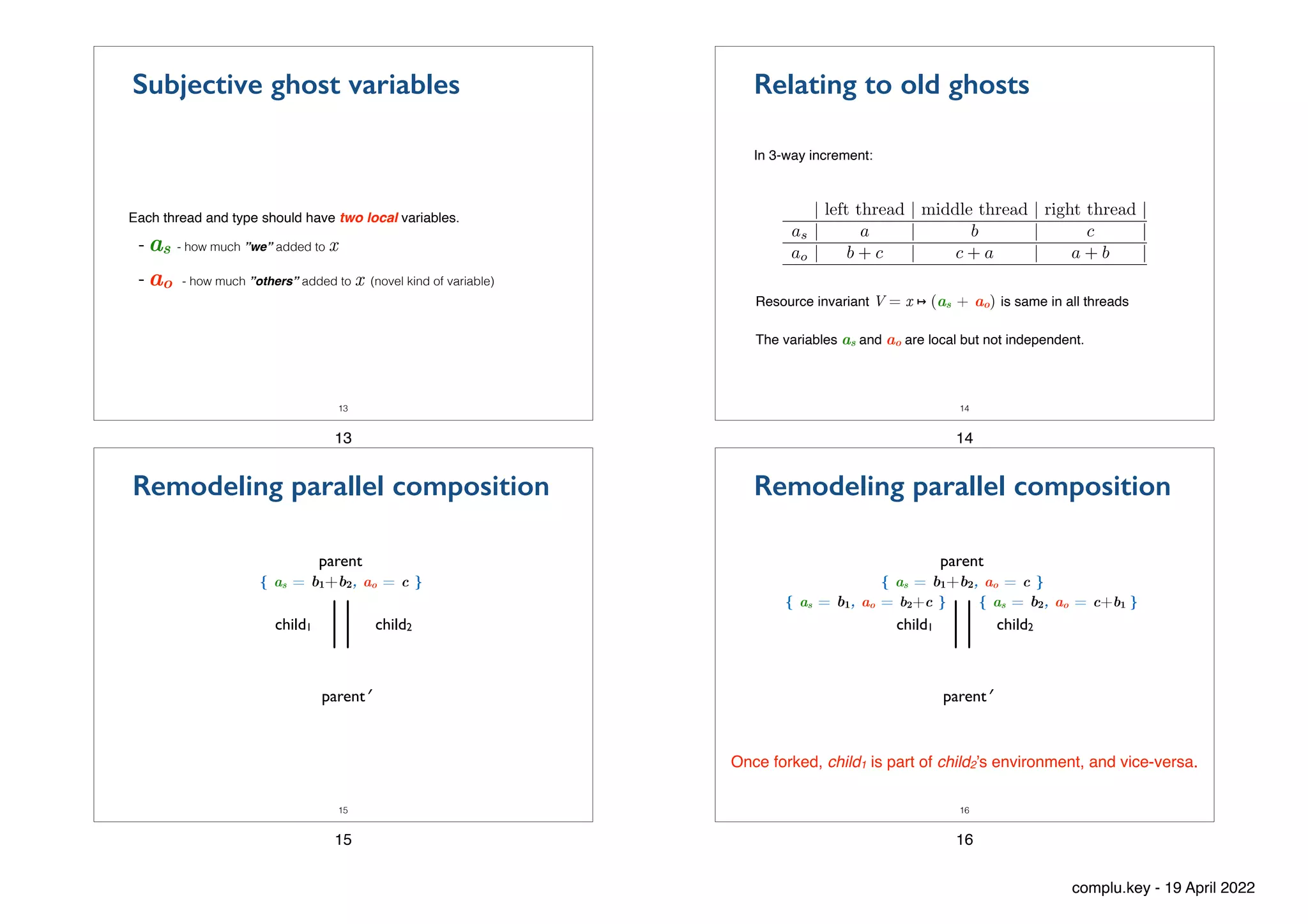 Subjective ghost variables
Each thread and type should have two local variables.
- as - how much ”we” added to x


- ao - how much ”others” added to x (novel kind of variable)
13
13
In 3-way increment:
Relating to old ghosts
| left thread | middle thread | right thread |
as | a | b | c |
ao | b + c | c + a | a + b |
14
Resource invariant V = x ↦ (as + ao) is same in all threads
The variables as and ao are local but not independent.
14
child1 child2
||
parent
{ as = b1+b2, ao = c }
parent′
15
Remodeling parallel composition
15
{ as = b1+b2, ao = c }
child1 child2
||
parent
parent′
16
{ as = b1, ao = b2+c } { as = b2, ao = c+b1 }
Once forked, child1 is part of child2’s environment, and vice-versa.
Remodeling parallel composition
16
complu.key - 19 April 2022
 