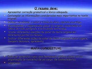 O resumo deve: Apresentar correção gramatical e léxico adequado. Contemplar as informações consideradas mais importantes no texto original. Indicar, no mínimo, o autor e título da obra, capítulo ou artigo. Corresponder à compreensão global do original, observando as idéias de cada parágrafo e articulação entre elas. Trazer diferentes menções do autor do texto original em diferentes partes do resumo. Indicar diferentes ações do autor do texto original(o autor sugere, compara descreve, apresenta). MAPA CONCEITUAL Pode ser entendido como uma ferramenta gráfica, muito útil na organização de conceitos de um corpo  de conhecimentos. Diagramas. 