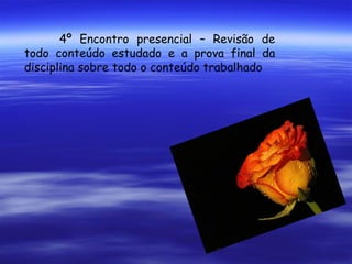 4º Encontro presencial – Revisão de todo conteúdo estudado e a prova final da disciplina sobre todo o conteúdo trabalhado 
