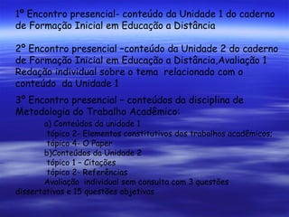 1º Encontro presencial- conteúdo da Unidade 1 do caderno de Formação Inicial em Educação a Distância 2º Encontro presencial –conteúdo da Unidade 2 do caderno de Formação Inicial em Educação a Distância,Avaliação 1 Redação individual sobre o tema  relacionado com o conteúdo  da Unidade 1 3º Encontro presencial – conteúdos da disciplina de Metodologia do Trabalho Acadêmico:  a) Conteúdos da unidade 1     tópico 2- Elementos constitutivos dos trabalhos acadêmicos;    tópico 4- O Paper b)Conteúdos da Unidade 2    tópico 1 – Citações    tópico 2- Referências Avaliação  individual sem consulta com 3 questões dissertativas e 15 questões objetivas 