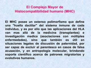 El Complejo Mayor de
Histocompatibilidad humano (MHC)
El MHC posee un extenso polimorfismo que define
una "huella dactilar" del sistema inmune de cada
individuo, y es por ello que las aplicaciones del HLA
van mas allá de la medicina (transplantes) e
investigación medica (asociaciones con múltiples
enfermedades), sino que también es útil en
situaciones legales de discusión de paternidad, por
ser capaz de excluir el parentesco en casos de falsa
acusación, y en antropología molecular, brindando
soporte científico acerca de patrones migratorios y
evolutivos humanos.

 