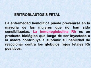 ERITROBLASTOSIS FETAL
La enfermedad hemolítica puede prevenirse en la
mayoría de las mujeres que no han sido
sensibilizadas. La inmunoglobulina Rh es un
producto biológico que luego de ser inyectado a
la madre contribuye a suprimir su habilidad de
reaccionar contra los glóbulos rojos fetales Rh
positivos. - - - - - - - - - - - - - - - - - - - - - - - - - - - - -

 