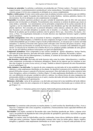 Sitio Argentino de Producción Animal
Página 3 de 14
Lactonas no saturadas: La psilotina y psilotinina son producidas por Psilotum nudum y Twesiperis tannensis,
respectivamente. La protoanemonina es producida por varias ranunculáceas. Son poderosos inhibidores de cre-
cimiento aunque el rol de estos compuestos en alelopatía no se conoce completamente.
Lípidos y ácidos grasos: Existen varios ácidos grasos tanto de plantas terrestres como acuáticas que son inhibito-
rios de crecimiento vegetal. Se pueden citar entre otros los ácidos linoleico, mirístico, palmítico, láurico e hi-
droxiesteárico. Su rol en alelopatía no está completamente investigado.
Terpenoides: Las plantas superiores producen una gran variedad de terpenoides, pero de ellos sólo unos pocos
parecen estar involucrados en alelopatía. Frecuentemente estas sustancias se aislaron de plantas que crecen en
zonas áridas y semiáridas. Los monoterpenos son los principales componentes de los aceites esenciales de los
vegetales y son los terpenoides inhibidores de crecimiento más abundantes que han sido identificados en las
plantas superiores. Son conocidos por su potencial alelopático contra malezas y plantas de cultivo. Entre los
más frecuentes con actividad alelopática se pueden citar el alcanfor,  y  pineno, 1,8-cineol, y dipenteno.
Dentro de las plantas que los producen podemos citar los géneros Salvia spp., Amaranthus, Eucalyptus, Arte-
misia, y Pinus. Un sesquiterpeno destacado es el ácido abscísico una importante hormona vegetal y también
agente alelopático.
Glicósidos cianogénicos: Entre ellos se encuentran la durrina y amigdalina (o su forma reducida prunasina) de
reconocida actividad alelopática. La hidrólisis de estos compuestos da lugar no sólo a cianhídrico sino también
a hidroxibenzaldehído que al oxidarse origina el ácido p-hidroxibenzoico, el cual posee por sí mismo actividad
alelopática. La durrina es frecuente entre especies tanto cultivadas como silvestres del genero Sorghum. Amig-
dalina y prunasina son frecuentes en semillas de Prunaceae y Pomaceae actuando como inhibidores de germi-
nación. La mayoría de los miembros de la familia Brassicaceae producen grandes cantidades de estos glicósi-
dos, los que por hidrólisis producen isotiocianato con igual actividad biológica.
Compuestos aromáticos: Estos comprenden la mas extensa cantidad de agentes alelopáticos. Incluye fenoles,
derivados del ácidos benzoico, derivados del ácido cinámico, quinonas, cumarinas, flavonoides y taninos.
Fenoles simples: Entre ellos las hidroxiquinonas y la arbutina, se aislaron de lixiviados de Arctostaphylos e inhi-
ben el crecimiento de varias plantas.
Acido benzoico y derivados: Derivados del ácido benzoico tales como los ácidos hidroxibenzoico y vainíllico,
están comúnmente involucrados en fenómenos alelopáticos. Dentro de las especies que los contienen se pue-
den citar el pepino, la avena (Avena sativa) y el sorgo. También se detectó la presencia de estos frecuentemen-
te en el suelo(figura 1.2).
Acido cinámico y sus derivados: La mayoría de estos compuestos son derivados de la ruta metabólica del ácido
shikímico y están ampliamente distribuidos en las plantas. Se identificó la presencia de los mismos en pepino,
girasol (Helianthus annuus) y guayule (Parthenium argentatum). Otros derivados de los ácidos cinámicos tales
como clorogénico, cafeico, p-cumárico, y ferúlico (figura 1.2) están ampliamente distribuidos en el reino vege-
tal y son inhibitorios de una gran variedad de cultivos y malezas. Los efectos tóxicos de estos compuestos son
pronunciados debido a su larga persistencia en el suelo y muchos derivados del ácido cinámico han sido identi-
ficados como inhibidores de la germinación.
Quinonas y derivados: varias de las quinonas y sus derivados provienen de la ruta metabólica del ácido shikími-
co. El ejemplo clásico de estos compuestos es la Juglona y naftoquinonas relacionadas que se aislaron del no-
gal (Figura 1.1).
Figura 1.1: Estructura química de la Juglona, hidroxinaftoquinona producida por el nogal
(diferentes especies del género Juglans).
Cumarinas: La cumarinas están presentes en muchas plantas. La metil esculina fue identificada en Ruta, Avena e
Imperata. Compuestos tales como escopolina, escopoletina y furanocumarinas tienen capacidad inhibitoria del
crecimiento vegetal.
Flavonoides: Una amplia variedad de flavonoides tales como floridzina (producida por Malus y algunas ericá-
ceas) y sus productos de degradación tales como glicósidos de quempferol, quercetina y myrcetina son agentes
alelopáticos bien conocidos.
Taninos: Los taninos, tanto los hidrolizables como los condensados, tienen efectos inhibitorios debido a su capa-
cidad para unirse a proteínas. Taninos hidrolizables comunes tales como los ácidos gálico, elágico, trigálico,
tetragálico y quebúlico están ampliamente distribuidos en el reino vegetal. La mayoría están presentes en sue-
 