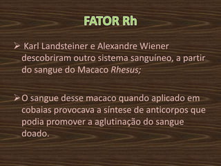  Karl Landsteiner e Alexandre Wiener
 descobriram outro sistema sanguíneo, a partir
 do sangue do Macaco Rhesus;

O sangue desse macaco quando aplicado em
 cobaias provocava a síntese de anticorpos que
 podia promover a aglutinação do sangue
 doado.
 