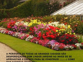 A PERIFERIA DE TODAS AS GRANDES CIDADES SÃO DESPERDIÇADAS COM LINDOS JARDINS AO INVES DE SE APROVEITAR O ESPAÇO PARA SE CONSTRUIR .........( COMO POR EXEMPLO, FAVELAS ). 