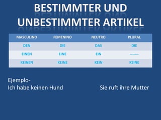 MASCULINO FEMENINO NEUTRO PLURAL
DEN DIE DAS DIE
EINEN EINE EIN -------
KEINEN KEINE KEIN KEINE
Ejemplo-
Ich habe keinen Hund Sie ruft ihre Mutter
 