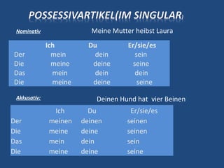 Akkusativ:
Ich Du Er/sie/es
Der meinen deinen seinen
Die meine deine seinen
Das mein dein sein
Die meine deine seine
Ich Du Er/sie/es
Der mein dein sein
Die meine deine seine
Das mein dein dein
Die meine deine seine
Nominativ Meine Mutter heibst Laura
Deinen Hund hat vier Beinen
 