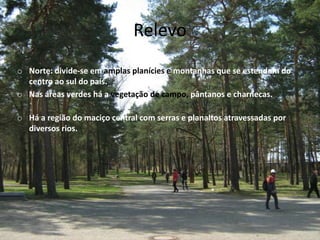 Relevo
o Norte: divide-se em amplas planícies e montanhas que se estendem do
centro ao sul do país.
o Nas áreas verdes há a vegetação de campo, pântanos e charnecas.
o Há a região do maciço central com serras e planaltos atravessadas por
diversos rios.
 