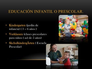 EDUCACIÓN INFANTIL O PRESCOLAR.
• Kindergarten (jardín de
infancia) ( 3 – 6 años )
• Vorklassen (clases prescolares
para niños ( as) de 5 años)
• SkchulkindergÄrten ( Escuela
Prescolar)
 