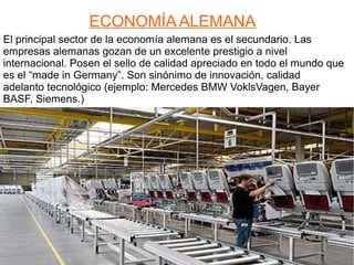 ECONOMÍA ALEMANA
El principal sector de la economía alemana es el secundario. Las
empresas alemanas gozan de un excelente prestigio a nivel
internacional. Posen el sello de calidad apreciado en todo el mundo que
es el “made in Germany”. Son sinónimo de innovación, calidad
adelanto tecnológico (ejemplo: Mercedes BMW VoklsVagen, Bayer
BASF, Siemens.)
 