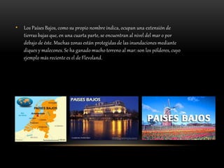 • Los Países Bajos, como su propio nombre indica, ocupan una extensión de
tierras bajas que, en una cuarta parte, se encuentran al nivel del mar o por
debajo de éste. Muchas zonas están protegidas de las inundaciones mediante
diques y malecones. Se ha ganado mucho terreno al mar: son los pólderes, cuyo
ejemplo más reciente es el de Flevoland.
 