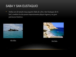 SABA Y SAN EUSTAQUIO
• Ambas son de tamaño muy pequeño (Saba de 5 km y San Eustaquio de 8.1
km) y también los dos poseen impresionantes playas vírgenes y un gran
patrimonio histórico.
Isla Saba Isla Saba
 