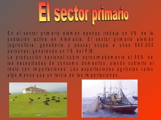 E n e l s e c to r p r im a r io a le m á n a p e n a s tra b a ja u n 3 % d e la
p o b la c ió n a c tiv a e n A le m a n ia . E l s e c to r p r im a r io a le m á n
( a g r ic u ltu r a , g a n a d e r ía y p e s c a ) o c u p a a u n a s 8 6 0 .0 0 0
p e rs o n a s ; g e n e ra n d o u n 1 % d e l P IB .
L a p r o d u c c ió n n a c io n a l c u b re a p r o x im a d a m e n te e l 8 0 % d e
la s n e c e s id a d e s d e c o n s u m o d o m e s tic o , s ie n d o c u b ie r to e l
r e s to c o n im p o rta c io n e s . L a s e x p o r ta c io n e s a g r íc o la s v a le n
a lg o m e n o s q u e u n te rc io d e la s im p o rta c io n e s .
 