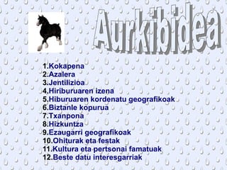 1.Kokapena
2.Azalera
3.Jentilizioa
4.Hiriburuaren izena
5.Hiburuaren kordenatu geografikoak
6.Biztanle kopurua
7.Txanpona
8.Hizkuntza
9.Ezaugarri geografikoak
10.Ohiturak eta festak
11.Kultura eta pertsonai famatuak
12.Beste datu interesgarriak
 