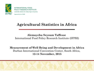Alemayehu Seyoum Taffesse
International Food Policy Research Institute (IFPRI)
Measurement of Well Being and Development in Africa
Durban International Convention Center, South Africa,
12-14 November, 2015
 
Agricultural Statistics in Africa
 