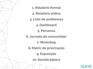 1. Relatório formal
2. Relatório online
3. Lista de problemas
4. Dashboard
5. Personas
6. Jornada do consumidor
7. Workshop
8. Matriz de priorização
9. Exposição
10. Sessão pipoca
 