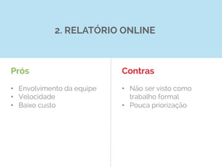 Prós
•  Envolvimento da equipe
•  Velocidade
•  Baixo custo
Contras
•  Não ser visto como
trabalho formal
•  Pouca priorização
2. RELATÓRIO ONLINE
 