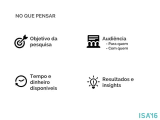 NO QUE PENSAR
Objetivo da
pesquisa
Audiência
- Para quem
- Com quem
Tempo e
dinheiro
disponíveis
Resultados e
insights
 