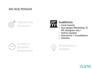 Tempo e
dinheiro
disponíveis
Objetivo da
pesquisa
Resultados e
insights
Audiência
•  Você mesmo
•  Sua equipe (Marketing, TI,
PO, Designers etc.)
•  Outras equipes
•  Executivos / investidores
•  Clientes
NO QUE PENSAR
 