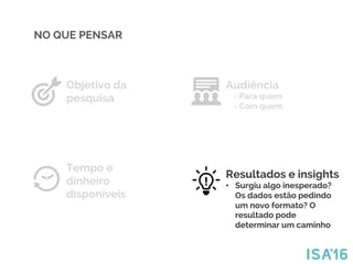 Tempo e
dinheiro
disponíveis
Objetivo da
pesquisa
Audiência
- Para quem
- Com quem
Resultados e insights
•  Surgiu algo inesperado?
Os dados estão pedindo
um novo formato? O
resultado pode
determinar um caminho
NO QUE PENSAR
 