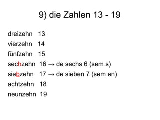 9) die Zahlen 13 - 19
dreizehn 13
vierzehn 14
fünfzehn 15
sechzehn 16 → de sechs 6 (sem s)
siebzehn 17 → de sieben 7 (sem en)
achtzehn 18
neunzehn 19
 