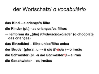 der Wortschatz/ o vocabulário
das Kind – a criança/o filho
die Kinder (pl.) - as crianças/os filhos
→ lembrem da „(die) Kinderschokolade“ (o chocolate
das crianças)
das Einzelkind – filho unico/filha unica
der Bruder (plural. u → ü die Brüder) – o irmão
die Schwester (pl. -n die Schwestern) – a irmã
die Geschwister – os irmãos
 